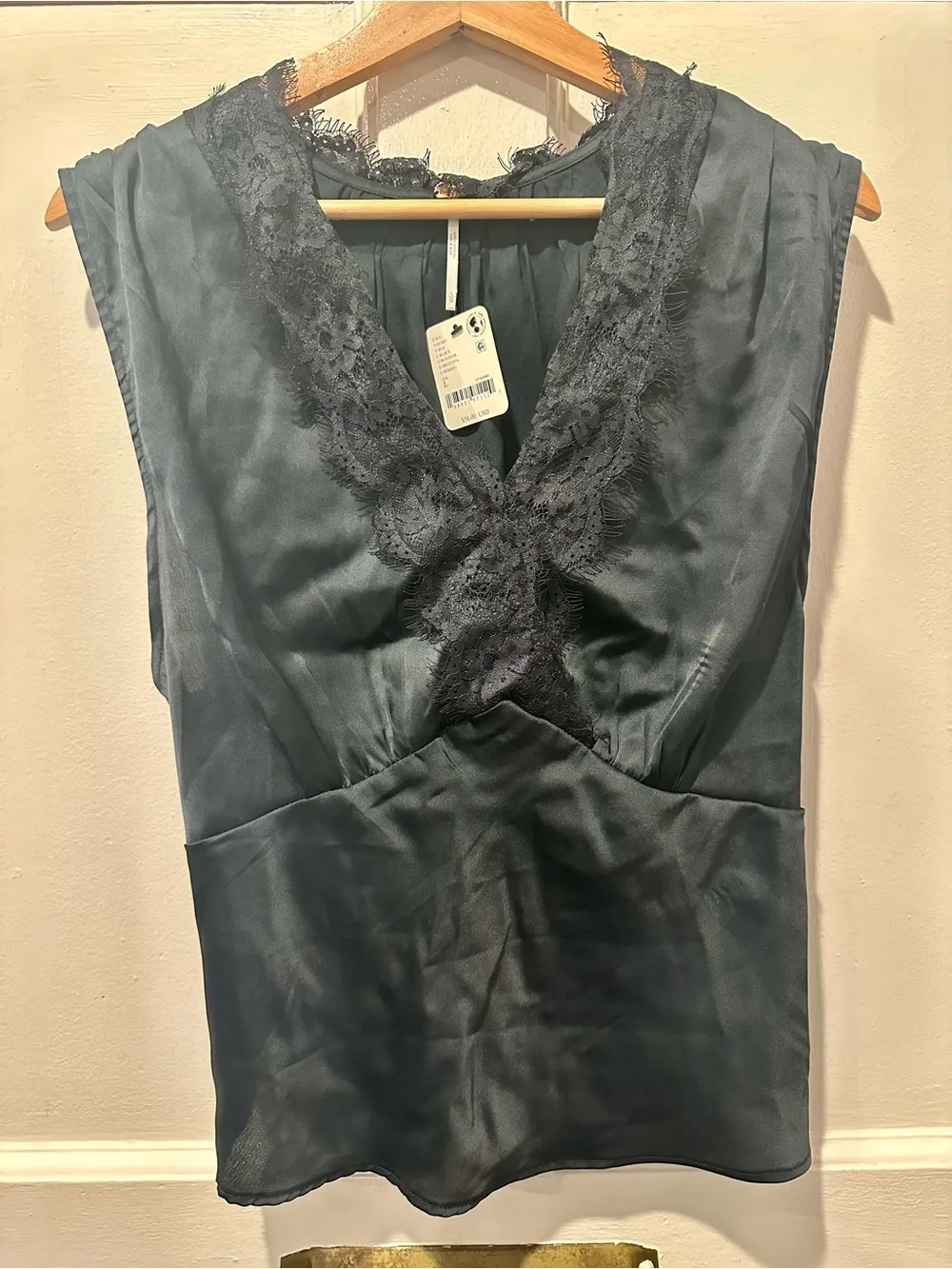 Free People Black Lace-Trim V-Neck Satin Marbella Top Goth Women’s Large NWT